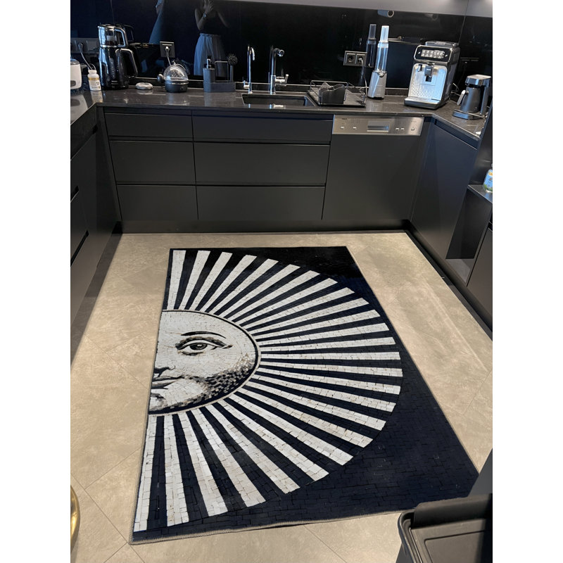 Tapis noir à motif de lignes noires, Rectangle 5 pi 1,02 po x 7 pi 6,55 po