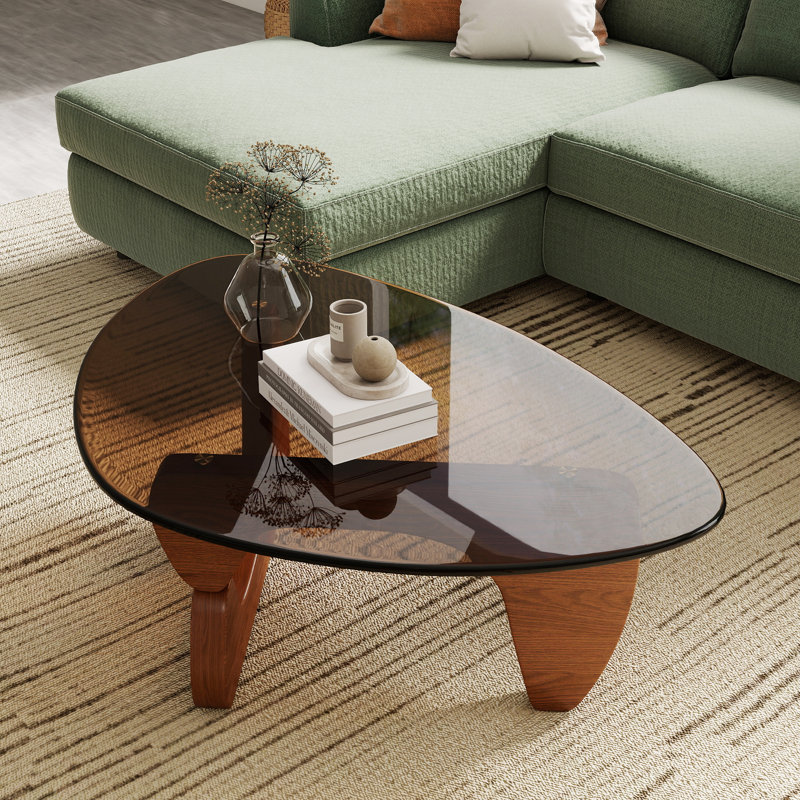 Table basse moderne triangulaire avec base en bois pour le salon, H 15,74 po x L 43,3 po x l 29,52 po, Tanné, Black