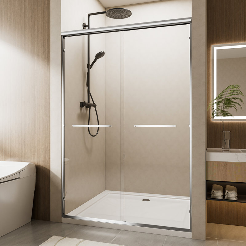 60" Wide Aluminum Double Sliding Shower Door, 1/4" Nano - Coated Tempered Glass, Corrosion Handles, Waterproof Design And For Bathroom 72" H Frame Dual In