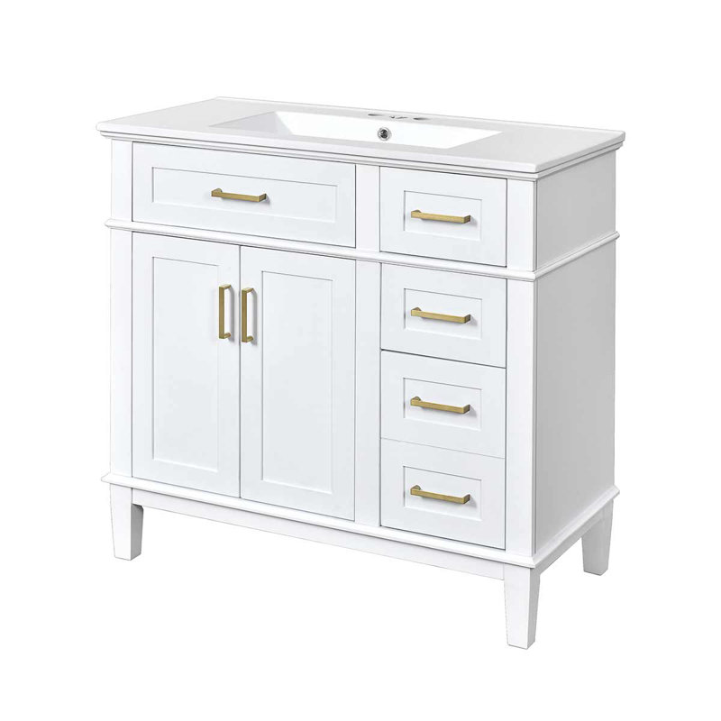 36-Inch Modern Bathroom Vanity With Ceramic Sink, Cabinet With Four Drawers, White
