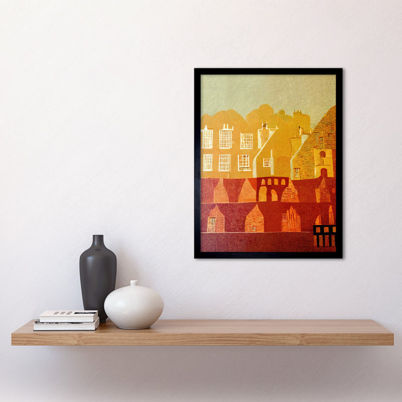 Vintage Folk Art Mid Century Cityscape 1 Piece Single Picture Frame Wall Art, 43.7cm H x 33.5cm W x 1.5cm D