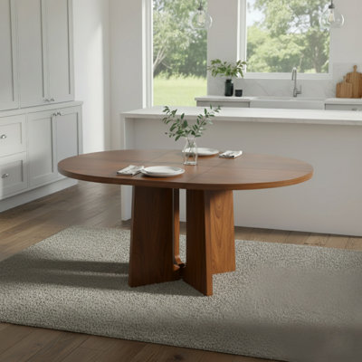 Solid Wood Round Extendable Dining Table With 16 Inch Removable Leaf For Kitchen, Dining Room, Living Room