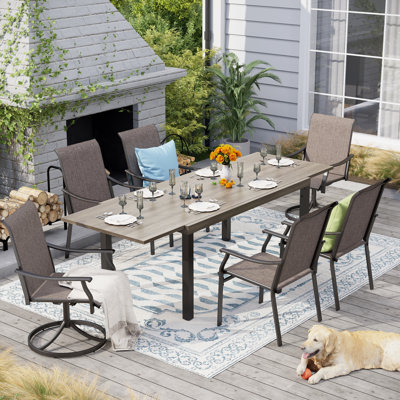 6-Person Rectangle Outdoor Patio Dining Set Expandable Wood-Like Metal Table With Sling Chairs