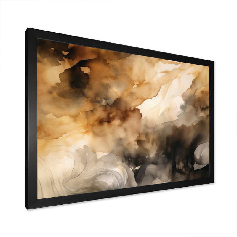 Brun et crème - Fluidité abstraite - art mural abstrait, Cadre simple noir, H 16 po x l 32 po x P 1 po