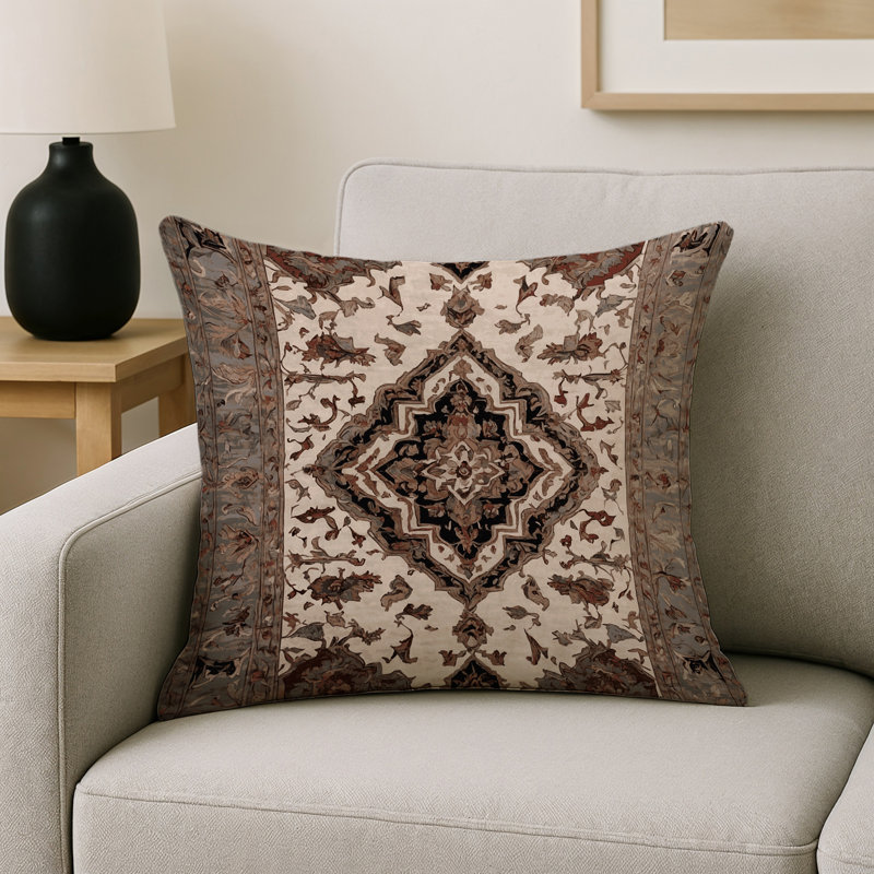 Coussin décoratif intérieur et extérieur Modern, Carré 16 po, Ivoire / brun / damas noir