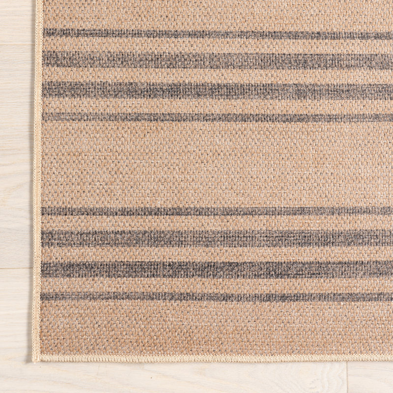 Natural Beige and Brown Striped Synthetic 9' x 12' Washable Area Rug