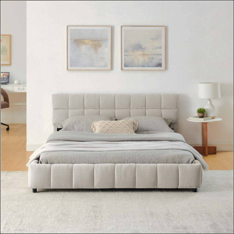 Lit tapissier, base de lit tapissier confortable, tissu chenille, avec tête de lit et base de lit solide, Beige, Grand lit