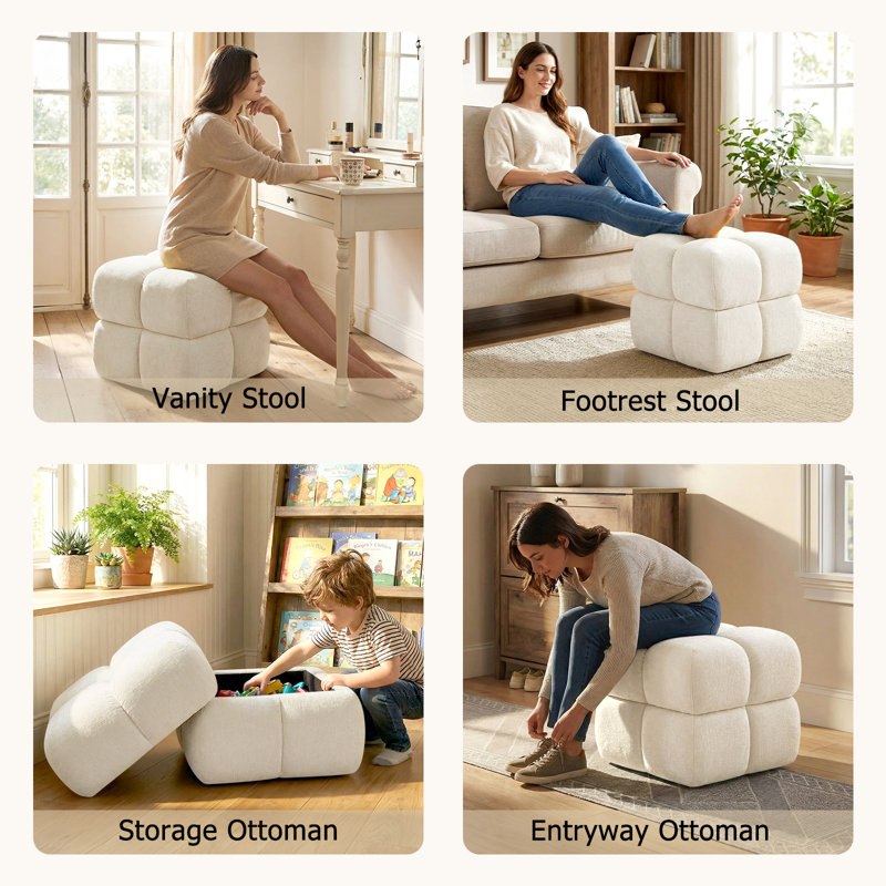 19.7" Wide Modern Chenille Cloud Storage Ottoman, Round Cube Footrest, No Assembly Required, for Living Room, Bedroom, Nursery