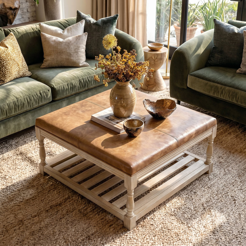 32.1'' W Round Upholstered Ottoman With Lower Storage Shelf And Tray-Friendly Top