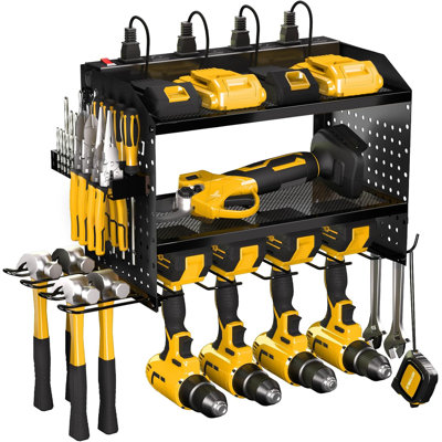 Support mural pour outils électriques avec station de charge et porte-perceuses - Support de rangement en métal robuste pour garage