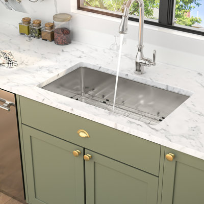 32"X19" Undermount Kitchen Sink, 16 Gauge Stainless Steel, Single Bowl, 10 Inch Depth, Rear - Drain, Brushed Nickel, With Basket Drain And Rinse Grid Bowl Steel Gauge, T304 , Superior Drainage, Dish