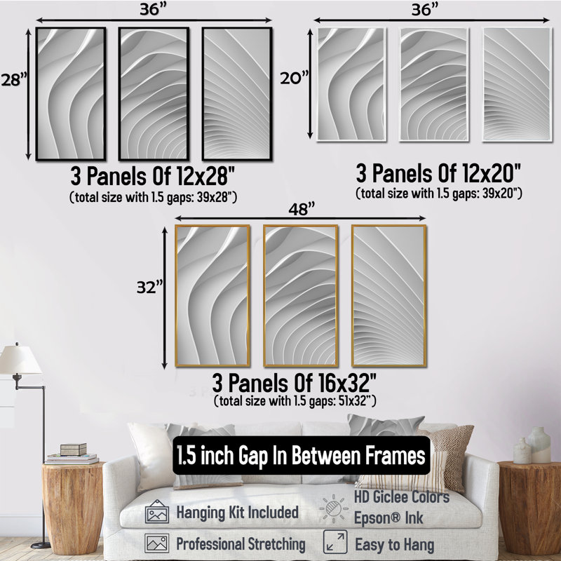 Fractal Bulgy White 3D Waves - Ensemble de 3 toiles abstraites encadrées, H 28 po x l 36 po x P 1 po, Blanc