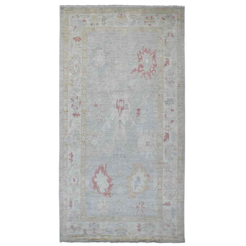Tapis de couloir oriental large 6 pi 2 po x 11 pi 8 po gris Angus Oushak avec motif de feuilles de couleur douce, noué à la main, teinture végétale, 100% laine