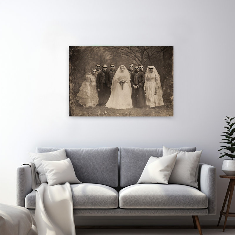 Tableau abstrait gothique vintage représentant un squelette dans une forêt, avec une fête de mariage., 32" H x 48" W