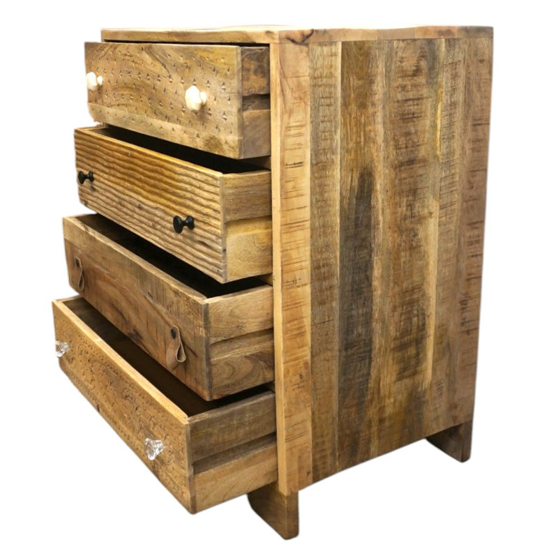 Commode 4 tiroirs en bois massif fabriqués à la main avec poignées uniques