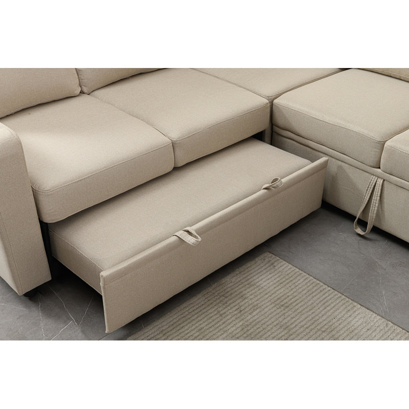 Sectional Sofa Bed, Beige Polyester
