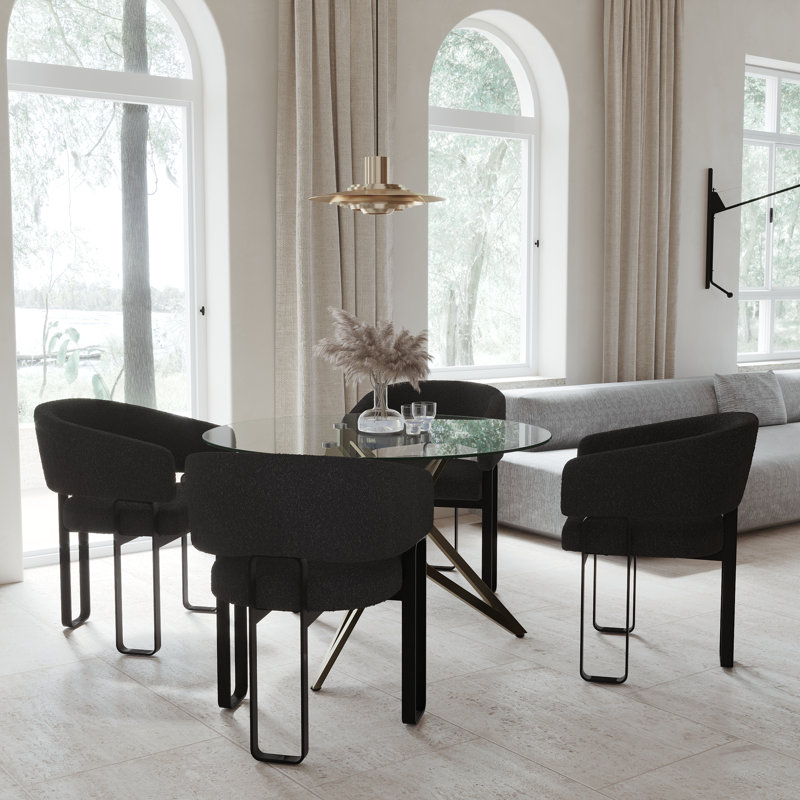 Boucle Barrel Upholstered Chairs, Glossy Black, Black
