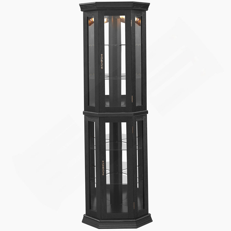Vitrine de coin lumineuse - étagère en verre avec portes en verre trempé, tablettes réglables et ampoule à perles incluse - armoire de bar idéale pour la décoration intérieure - NOIR