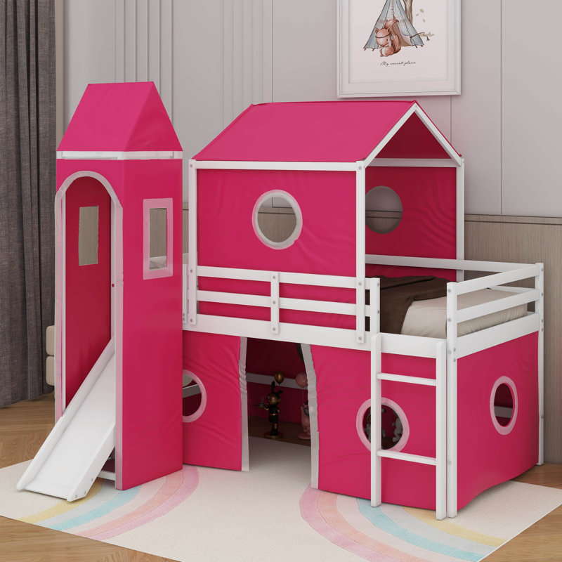 Lit mezzanine simple avec glissade et tour, Rose