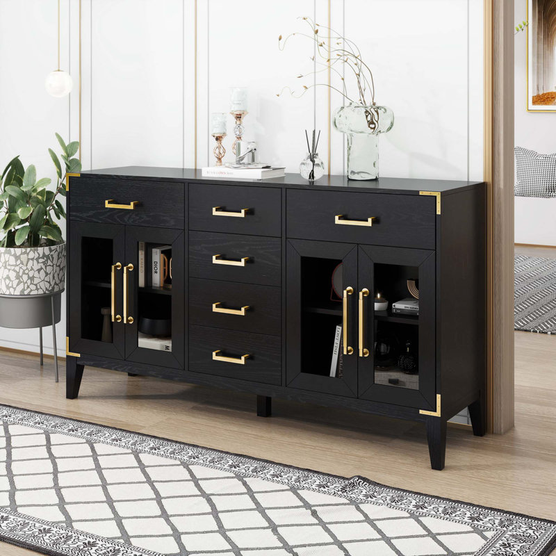 Buffet avec table en bois d'hévéa Mankato, Noir, noir, noir, noir