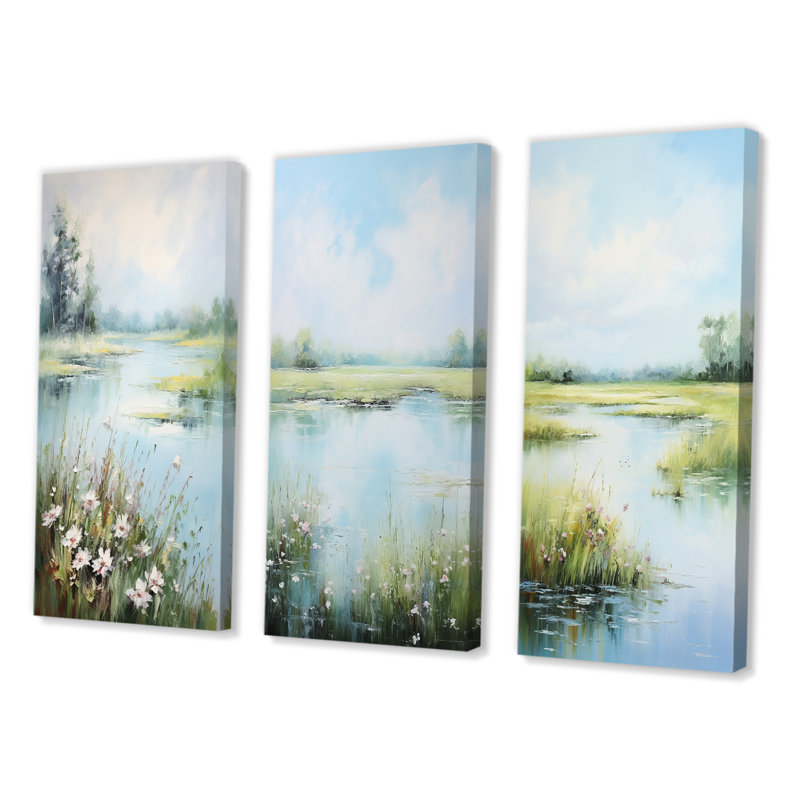 " Meadow Tranquil Waters " 3 - Pieces, Wrapped Canvas, 20" H x 36" W