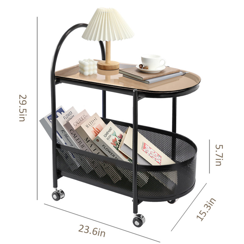 2 Tier Rolling Side Table, Metal Coffee Sofa Side End Table,Handle Utility Cart, Bed Side Table With Wheels Night Stand, Serving Cart,Drink Cart, For Living Room, Bedroom, Bathroom