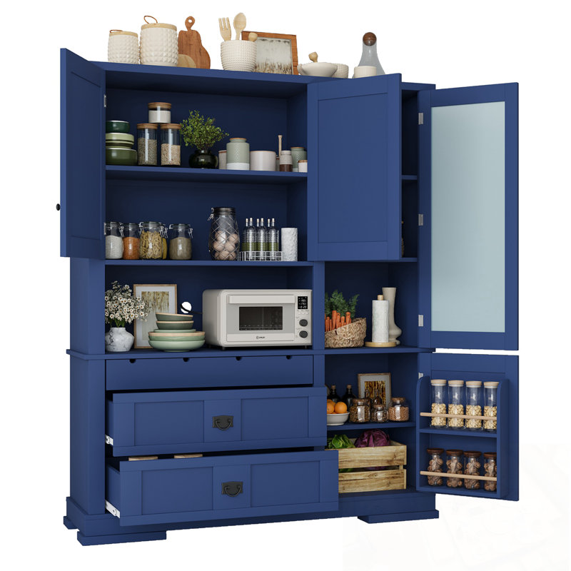 Grande armoire de cuisine avec huche, tiroirs et tablettes réglables Nelson, Bleu