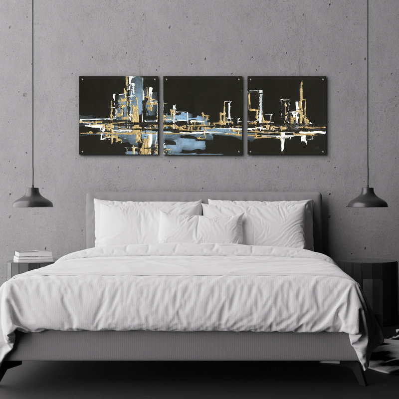 "Urban Gold VI" par Chris Paschke, 3 pièces "Urban Gold VI" par Chris Paschke, H 24 po x l 72 po