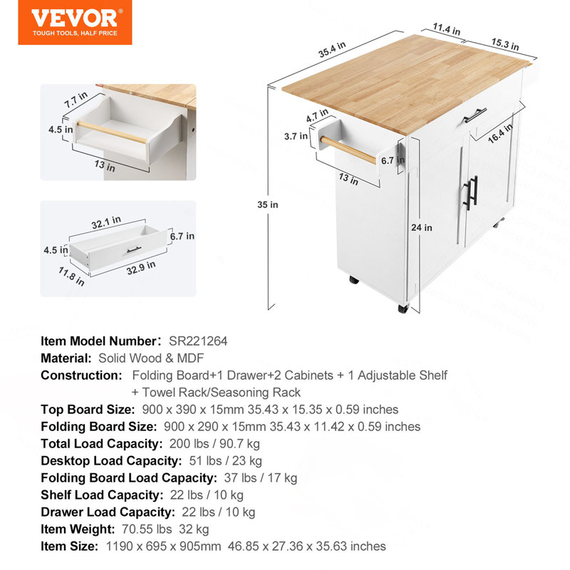 Kitchen Island Cart With Solid Wood Top, 35.4" Width Mobile Carts With Storage Cabinet, Rolling Kitchen Table With Spice Rack, Towel Rack, Drop Leaf And Drawer, Portable Islands On Wheels