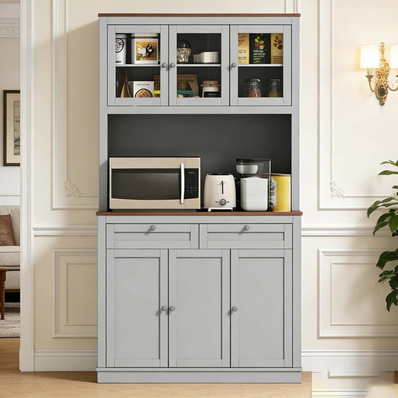 Armoire de cuisine pratique avec support pour micro-ondes, huche de cuisine avec tiroirs et tablettes réglables, Gris / Chêne