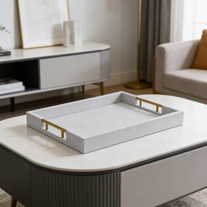 Plateau de service en similicuir enveloppé de bois avec poignées en métal - plateau de repose-pieds décoratif pour table basse, déjeuner au lit et décoration
