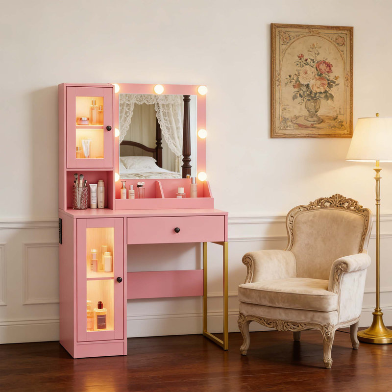 Bureau de maquillage avec lumières et miroir, Rose