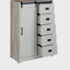 Commode 5 tiroirs avec porte de grange coulissante, commode haute de style campagne moderne à 5 tiroirs, commode de rangement pour chambre à coucher, couloir, salon, chambre d'enfant BLANC