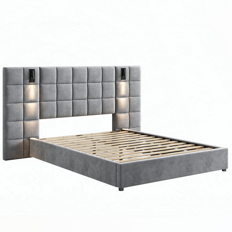 wide headboard Upholstered bed with reading lamp and USB port, Queen