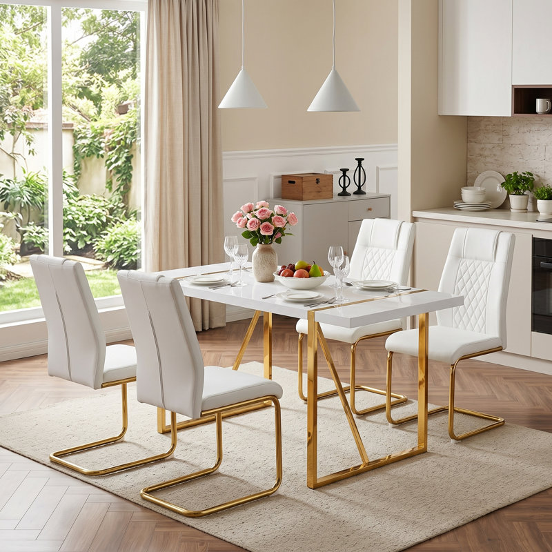 Modern 5-Piece Rectangular Dining Set with Cantilever Chairs and Metal Base, White