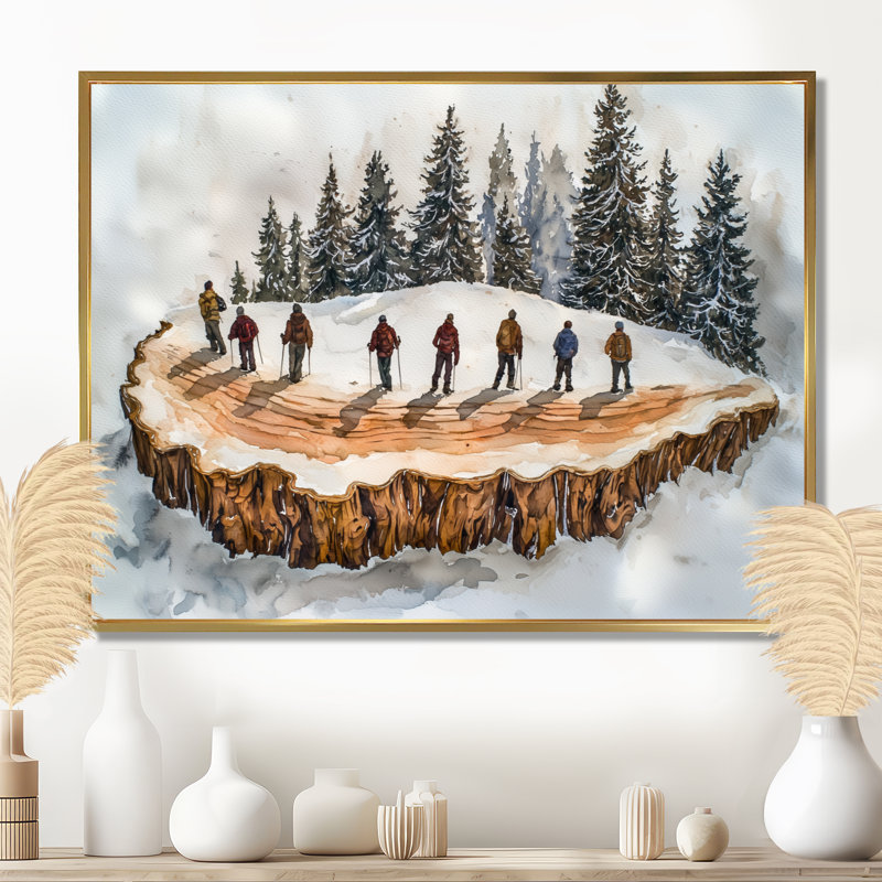 Randonnée pédestre dans un paysage d'hiver II - Randonnée d'art mural, H 12 po x l 20 po, Impression encadrée flottante, Doré