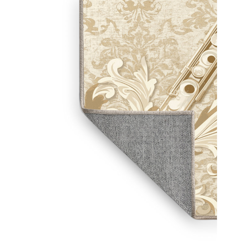 Machine Washable Oweda Oboe Classic Damask Rug in Beige – Beige Binding, 2x5