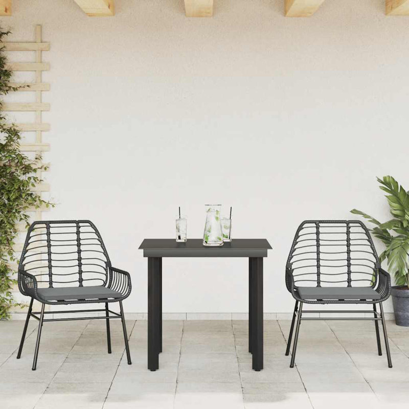 Ensemble repas de patio avec coussins en verre et poly rotin, Noir / Noir, H 29,1 po x l 31,5 po x L 31,5 po, 2