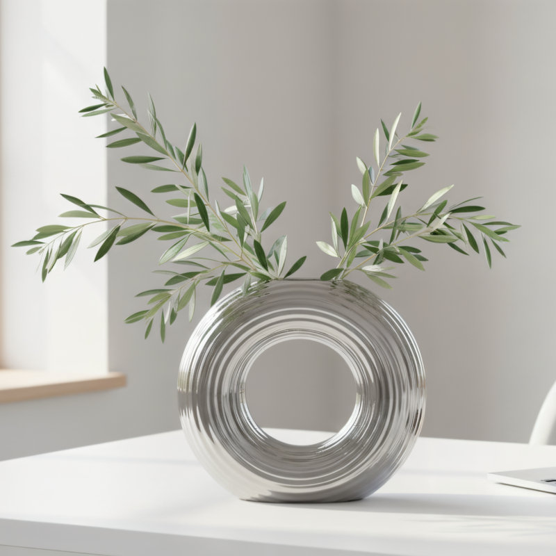 Halo 9" Ribbed Donut Ceramic Silver Vase, Silver