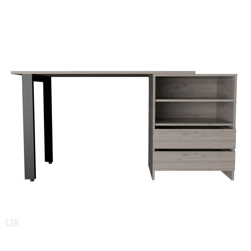 Light Gray 2-Drawer 2-Shelf Writing Desk With Modern Finish And Sturdy Metal Legs, Perfect For Organized And Stylish Workspaces.