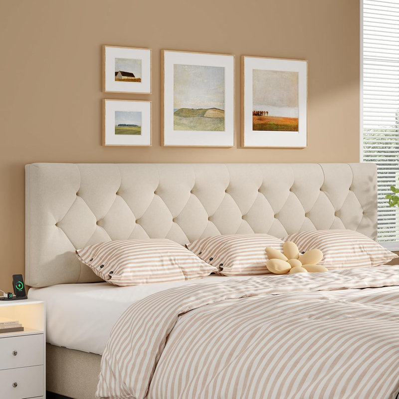 Adjustable Height Upholstered Headboard,Foldable King Beige, King, Beige