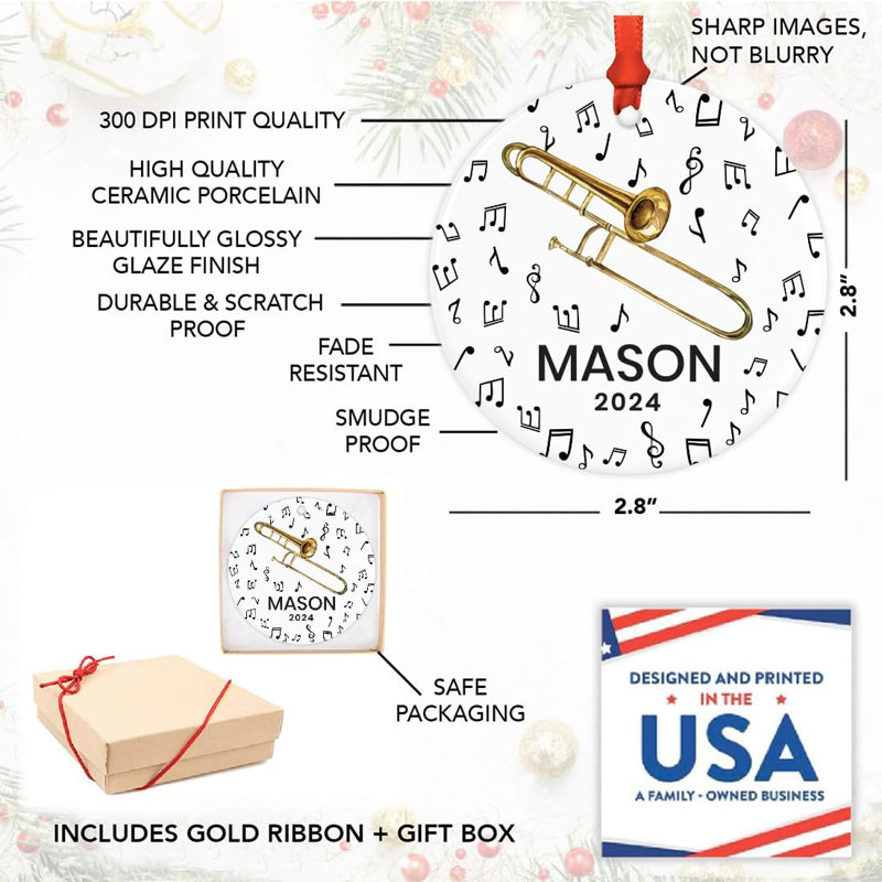 Ornement en forme de trombone en céramique sur mesure avec notes de musique, cadeau pour les musiciens, Oui
