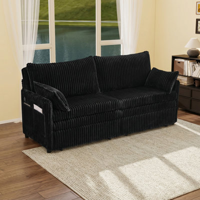 73" 3-In-1 Couch Corduroy Folding Sofa Bed With Side Pocket And Usb Ports For Living Room, Apartment, Bedroom, Small Spaces