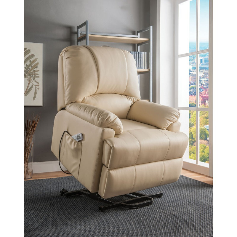 Beuna 34" Wide Faux Leather Power Zero Clearance Standard Recliner with Massager, Beige Faux Leather