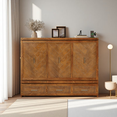 Grand lit escamotable, armoire-lit en bois de pin avec station de charge USB intégrée et panneau de décoration géométrique