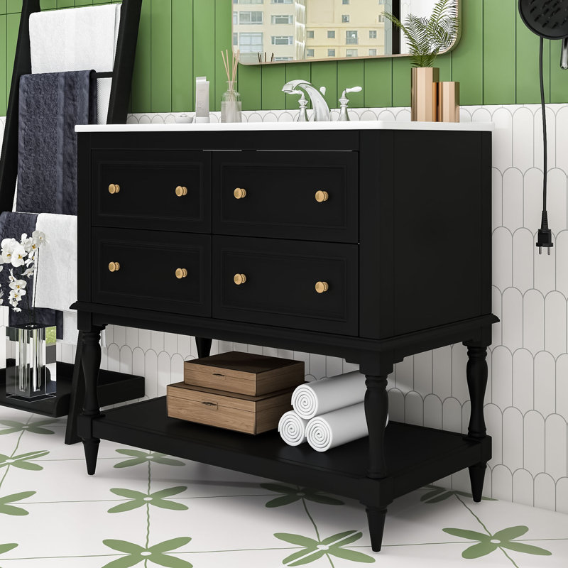 Ensemble de meuble-lavabo simple autoportant avec lavabo en céramique encastré Eftime Modern, Noir, noir, noir, noir