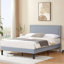 Lit plateforme tapissier pleine grandeur en velours gris clair avec tête de lit ajustable, cadre de lit moderne avec lattes de bois, aucun sommier requis