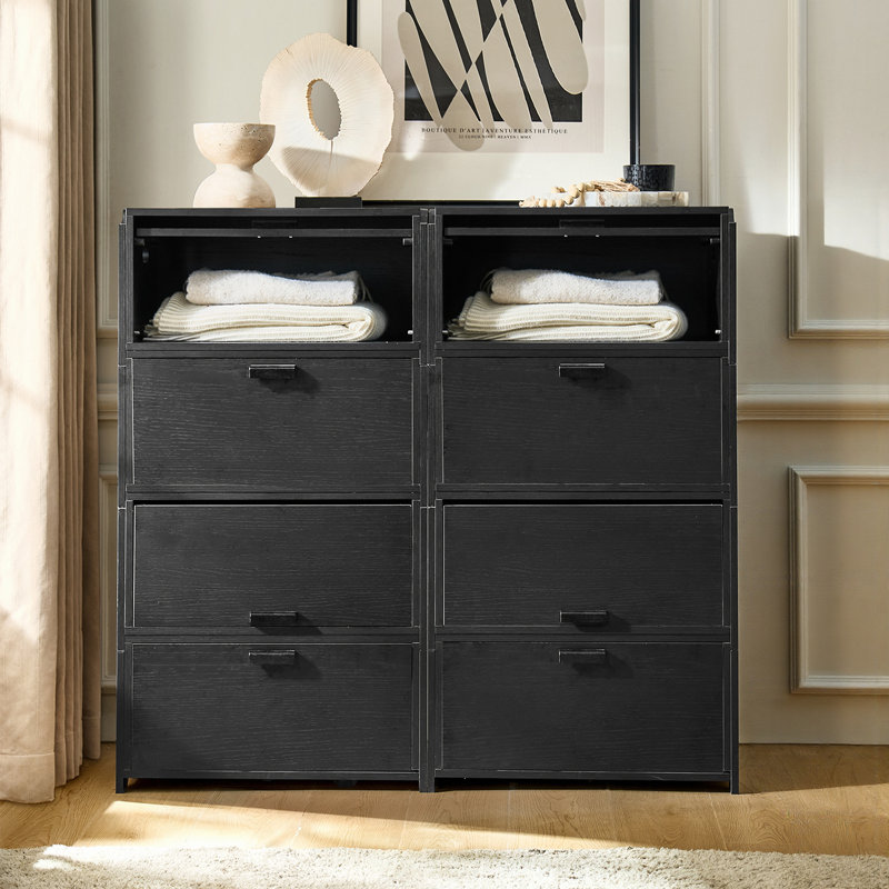Onida 25"Tall Modern 2-Drawer Modular Design Dressers With Flip-Top And Solid Wood Handles(Set of 4), Black