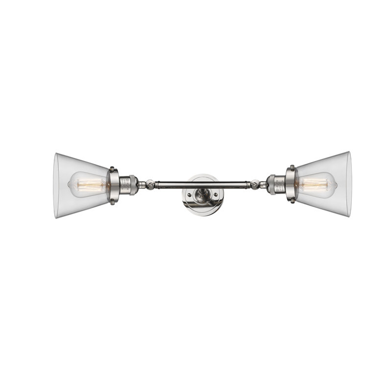 Cone 2 Light Tiltable Bath Vanity Light, 6 Watt Vinage LED Bulb, Clear, Polished Nickel