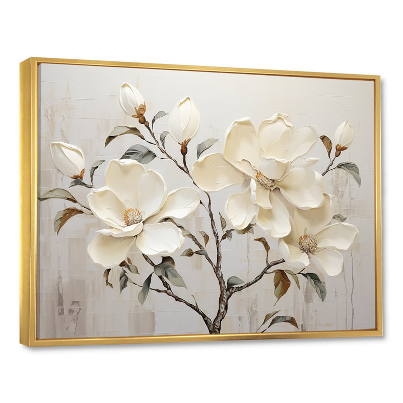 Fleur de magnolia beige et vert - art mural Magnolias, H 16 po x l 32 po x P 1 po, Cadre flottant doré